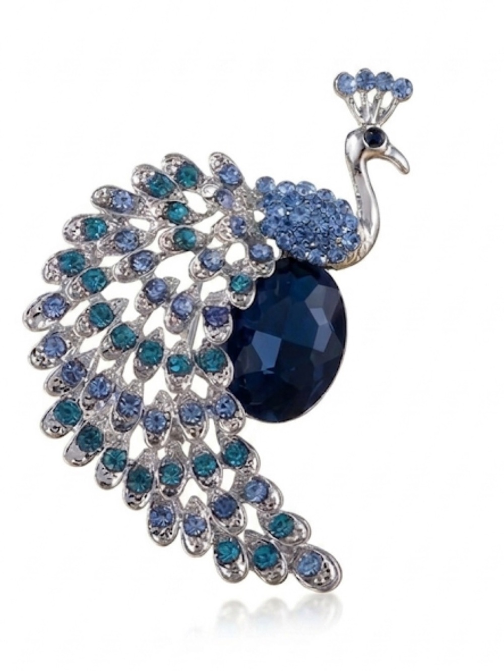 Silver Peacock Brooch Blue Teal Rhinestone Crystal Pin New in Box